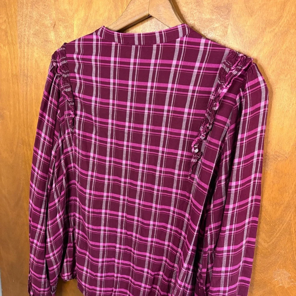 J. Crew Red Burgundy Plaid Ruffle Button Down Blouse Top 2X Office Preppy Boho